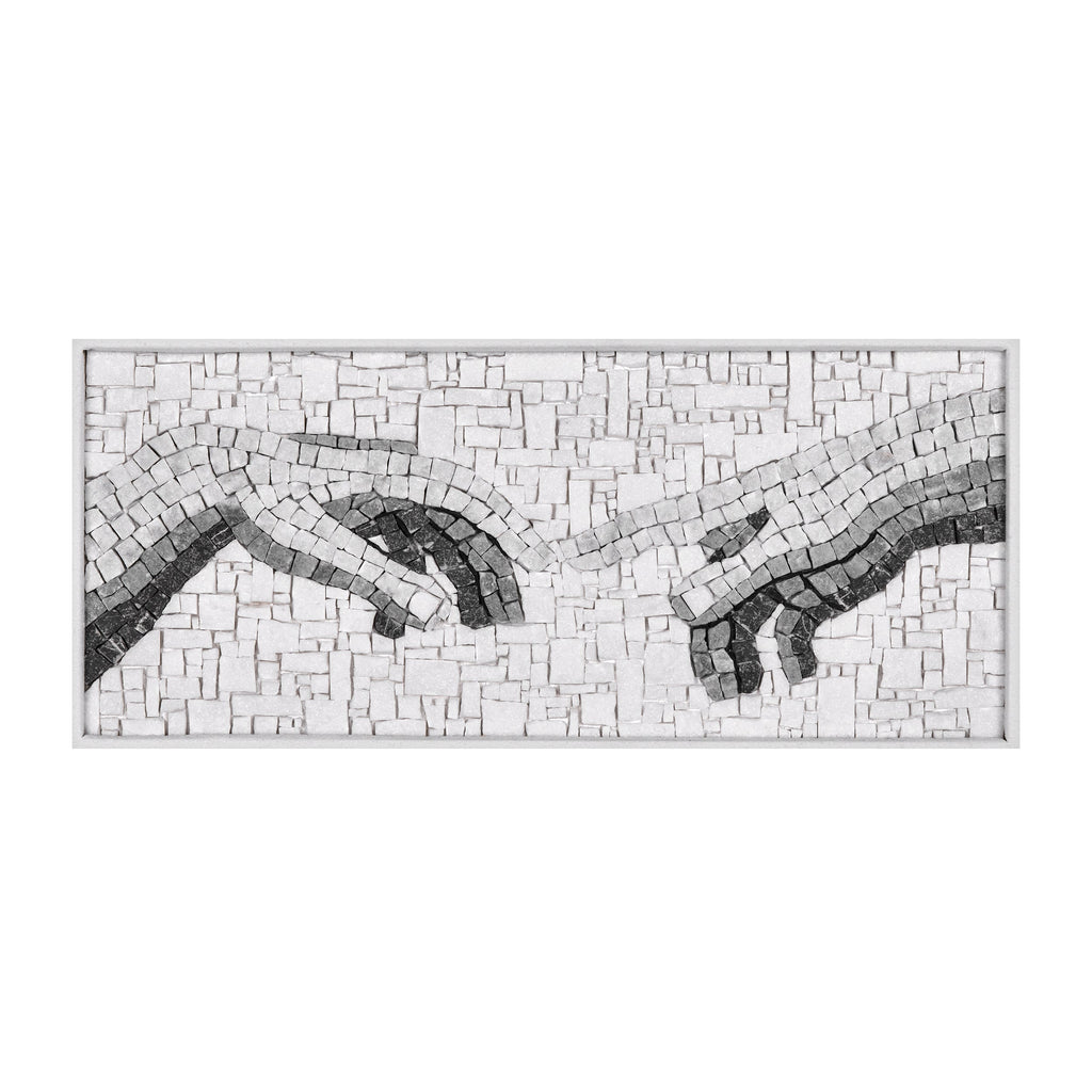 Mosaico inspirado en La creación de Adán de Miguel Ángel en blanco y negro