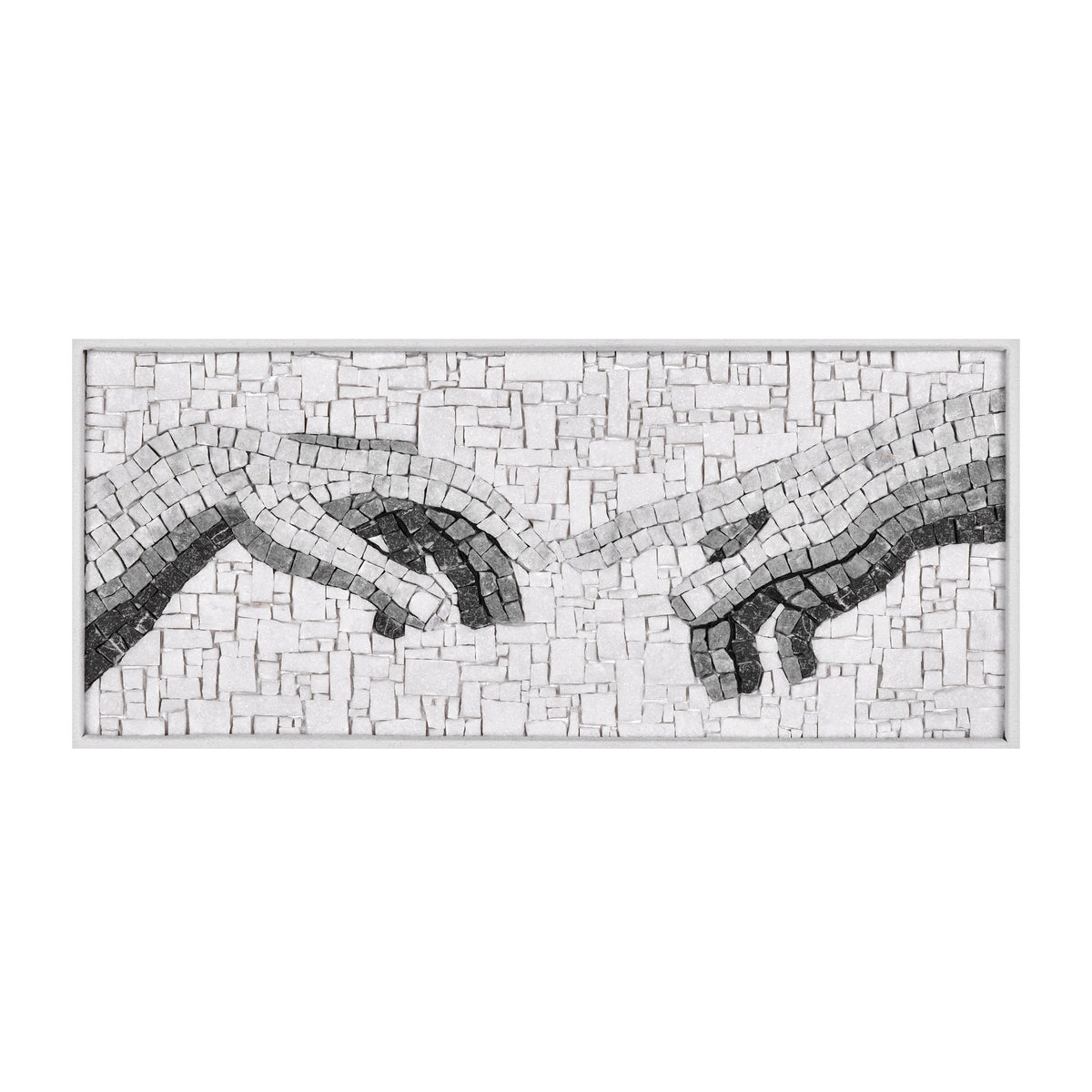 Mosaico inspirado en La creación de Adán de Miguel Ángel en blanco y negro