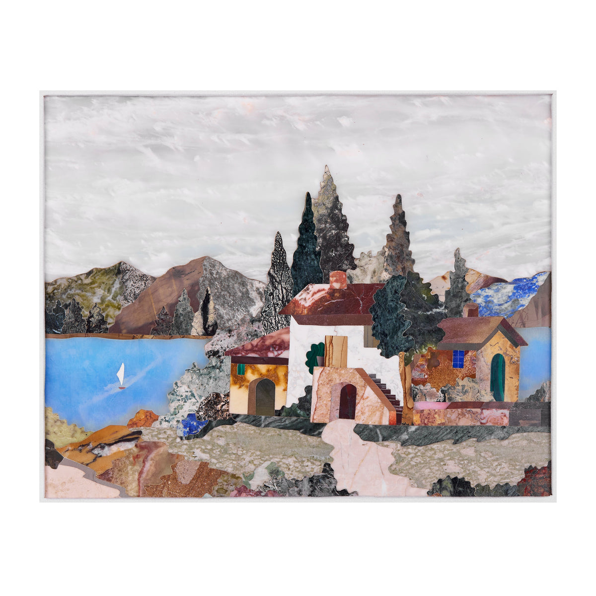Mosaico florentino de una casa en la cima de una colina junto al lago