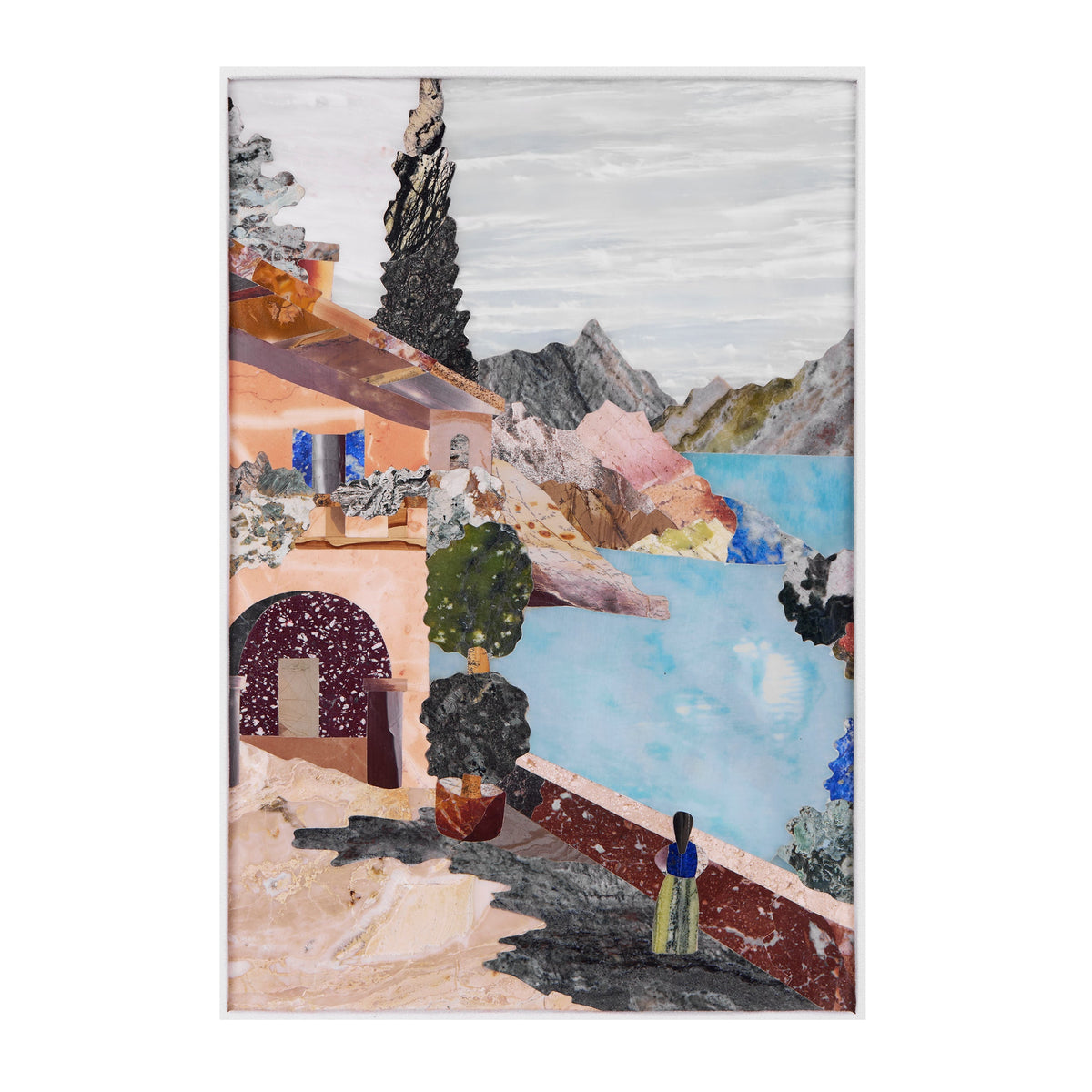 Mosaico florentino de una casa de montaña junto al lago